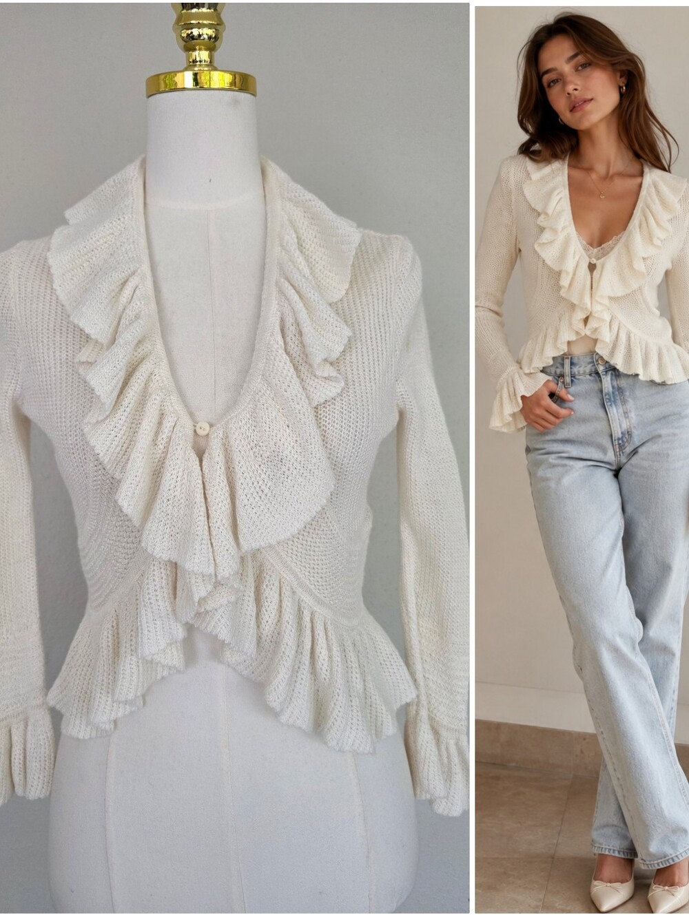 Early 2000s Rugby Ralph Lauren Ivory Linen Ruffle Peplum Cardigan Sweater XS